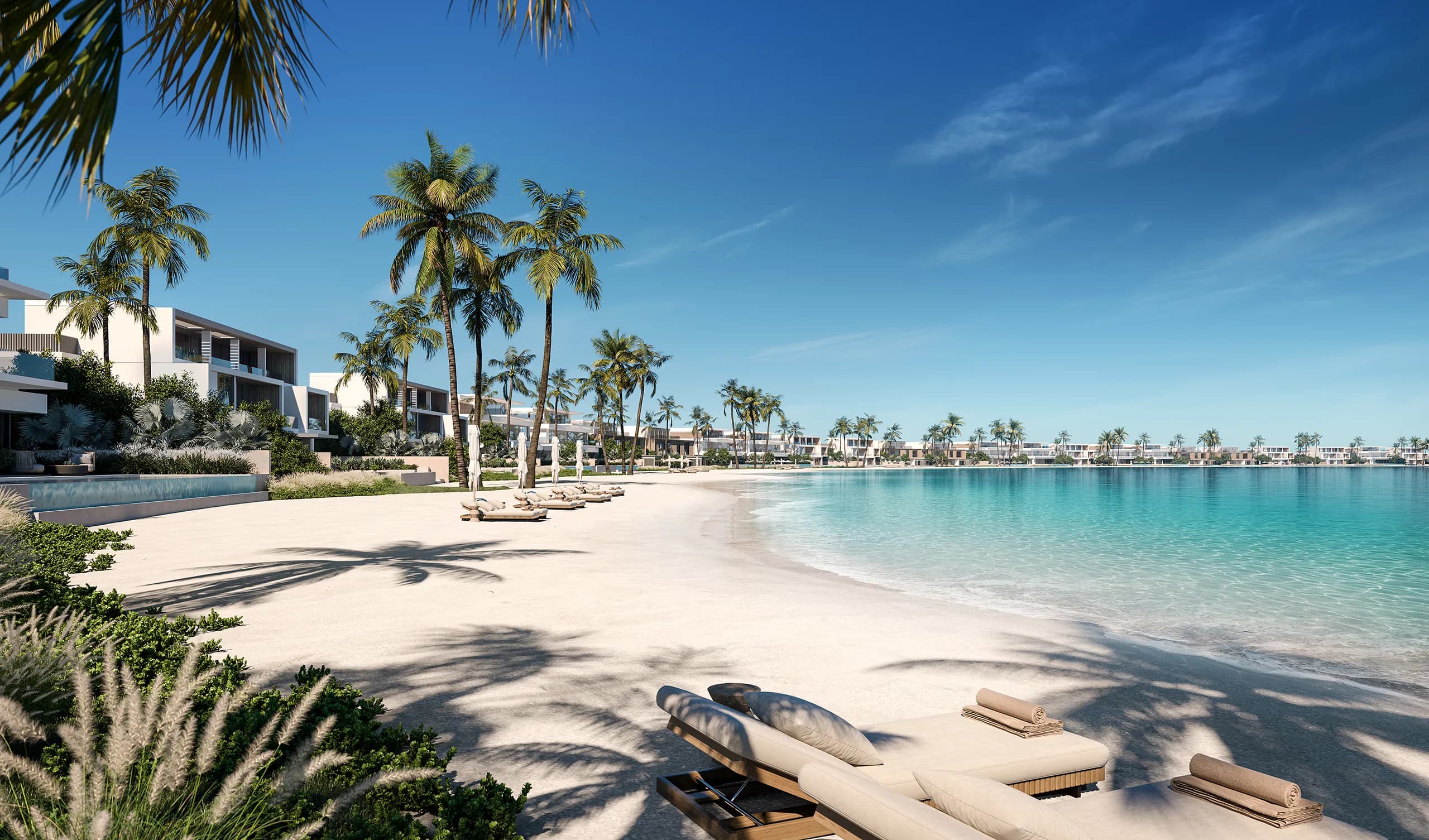 Bay Villas at Dubai Islands by Nakheel — beachfront villas and townhouses along the private beach with the Dubai skyline beyond
