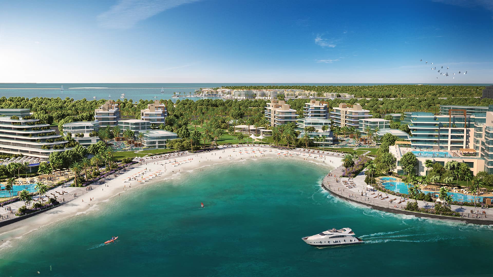 Dubai Islands master plan aerial view by Nakheel — five islands off the Deira coast connected by the Infinity Bridge