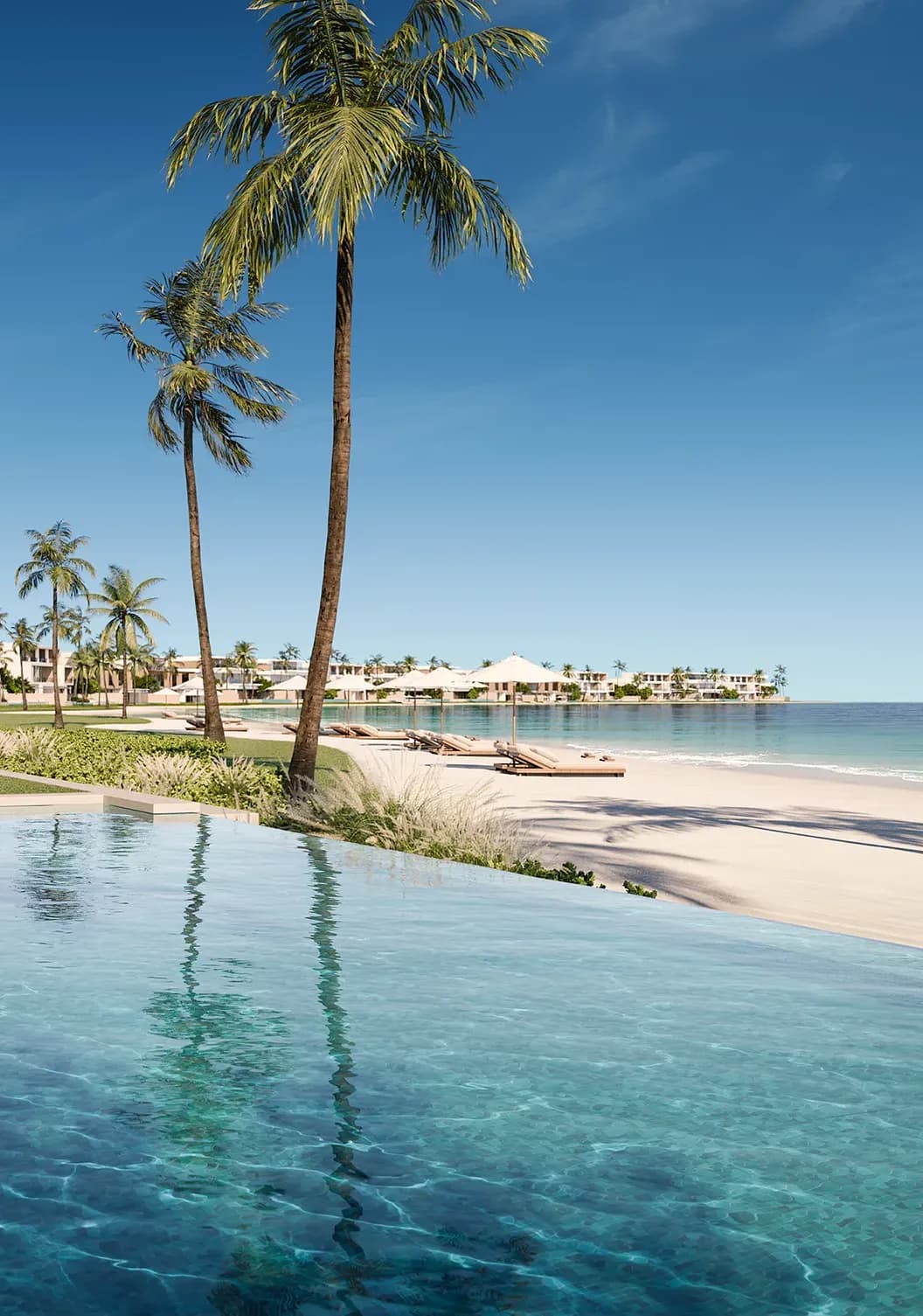 Beachfront villas on the east beach of Dubai Islands by Nakheel at sunrise