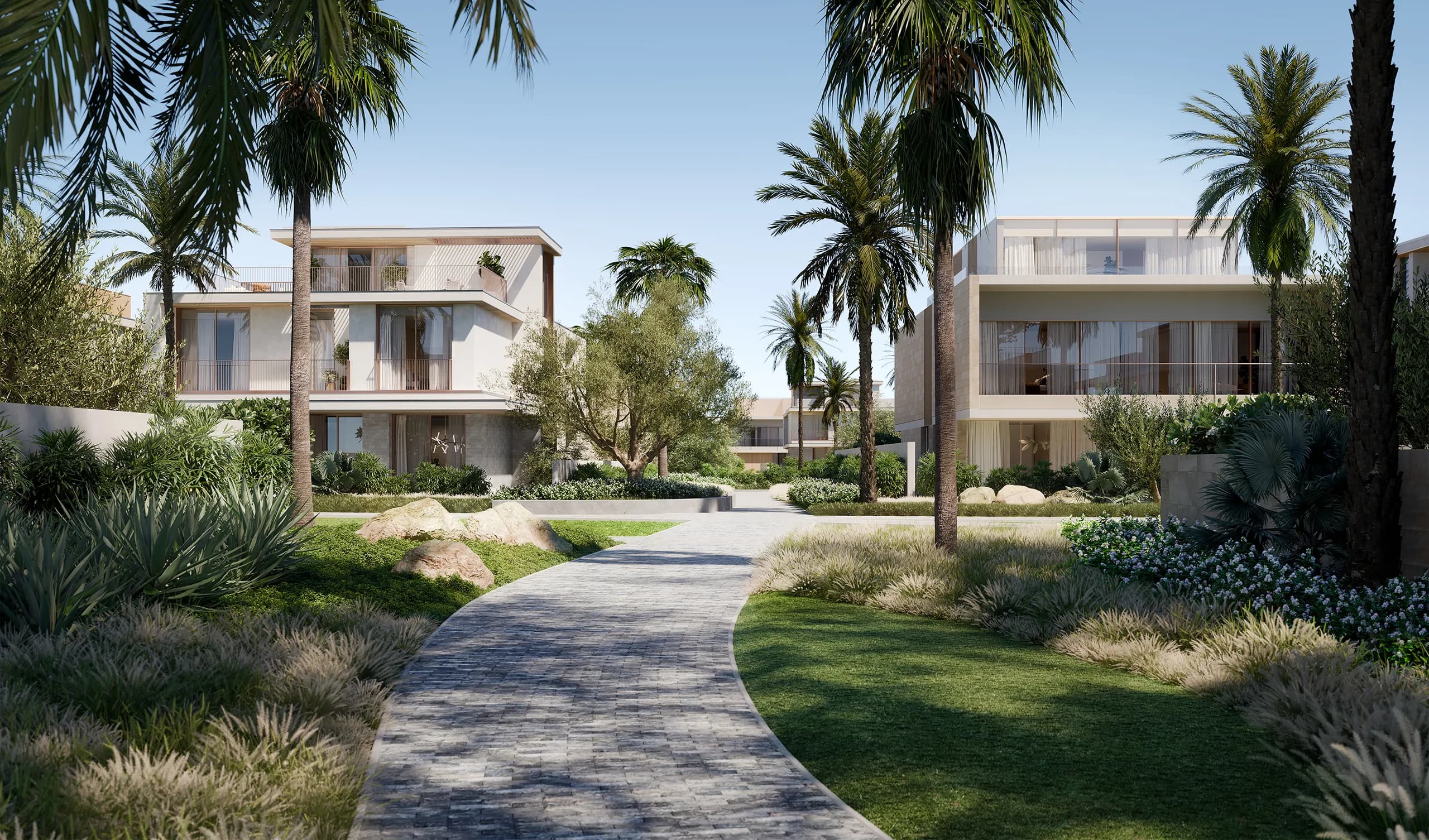 Garden villa view at Bay Villas Dubai Islands with private lawn and landscaping
