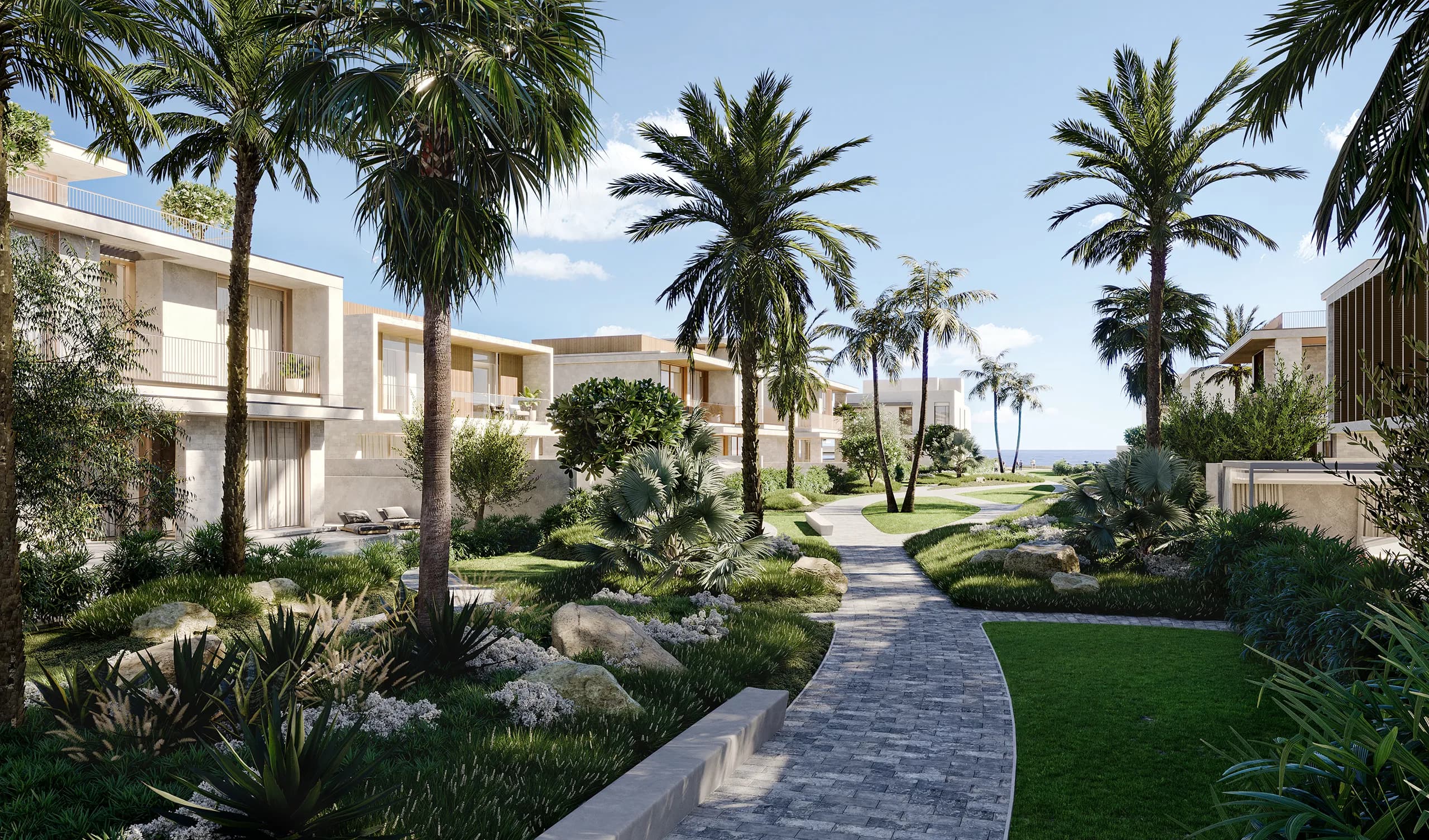 Linear park corridor with mature trees running between Bay Villas townhouses and villas