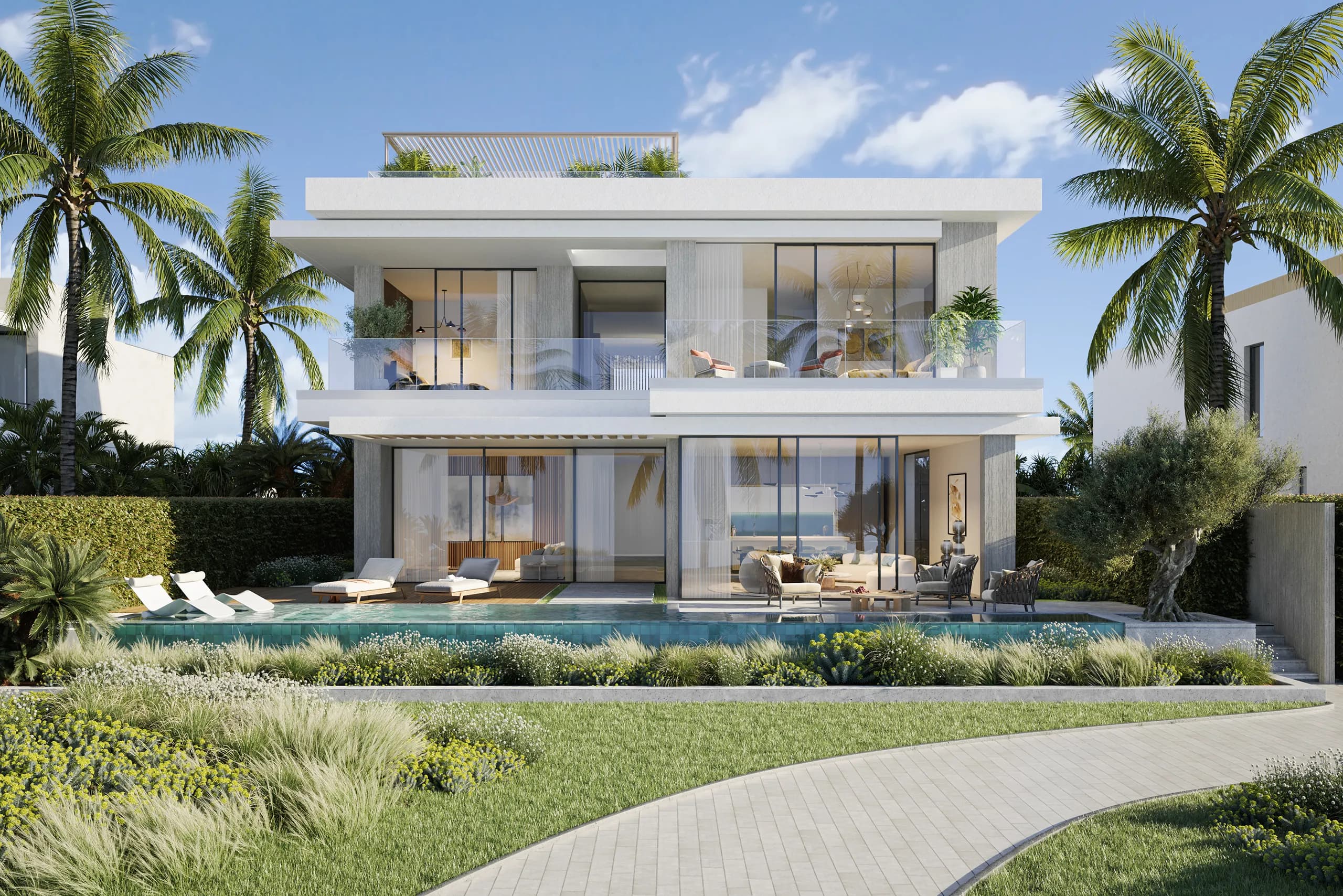 Waterfront villa exterior at Bay Villas Dubai Islands with sea views by Nakheel